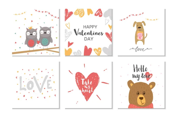 Lovely Set Valentines Day Gift Cards Hearts Flowers Teddy Bear — Stock Vector