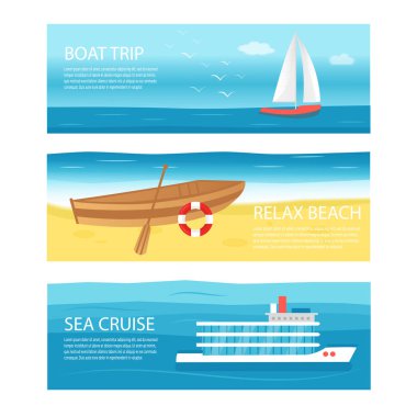 Deniz, okyanus ve yelken tekne, gemi, yat, sürat teknesi, kayık ahşap kürek ve şamandıra ile yatay banner topluluğu. Yaratıcı flyer şablonu plaj yaz tatil seyahat için. Vektör