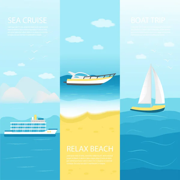 海洋和航海车辆的水平横幅收集 豪华游艇 创意传单模板为海滩夏季假期旅行 矢量插图 — 图库矢量图片