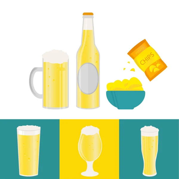 Плакат с пивной бутылкой, кружками, стаканами, картофельными чипсами, сосисками. V — стоковый вектор