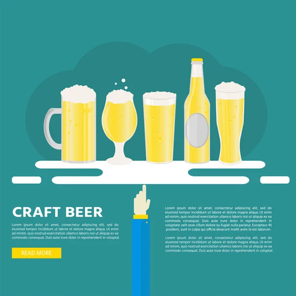 Affiche ou bannière avec bouteille de bière, tasses, verres. Icône vectorielle w — Image vectorielle