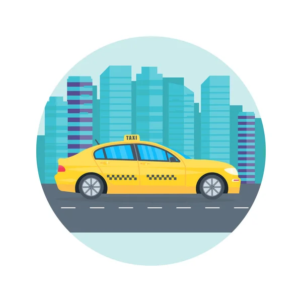 Affiche avec la machine taxi jaune dans la ville. Service de taxi public — Image vectorielle