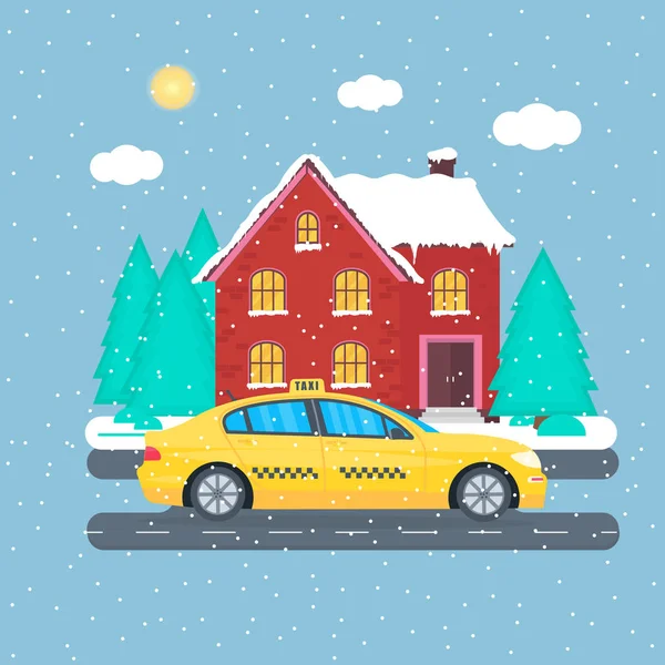 Cartel con la máquina taxi amarillo en la ciudad. Servicio de taxi público — Vector de stock