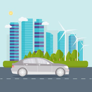 Modern sera güneş panelleri, Rüzgar Türbini ile akıllı araç. Çevre dostu alternatif enerji. Ekosistem infographics. Düz vektör çizim.