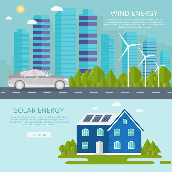 Casa Moderna Verde Con Paneles Solares Turbina Eólica Coche Inteligente — Vector de stock