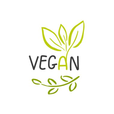 Vektör Eko, bio yeşil logo veya işareti. Vegan sağlıklı gıda rozet, kafeterya, restoranlar, ambalaj ürünleri için etiket. Elle çizilmiş yapraklar, dallar, yazı ile bitki elemanları. Organik tasarım şablonu