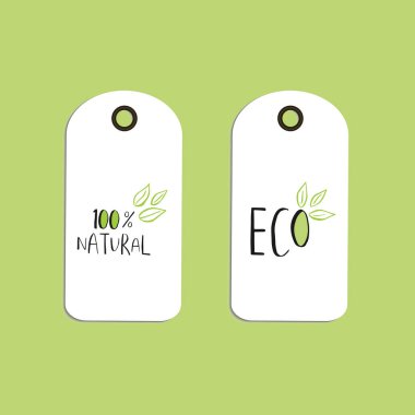 Vektör Eko rozetleri veya Etiketler, bio yeşil logo kümesi. Vegan Cafe, Restoran, ambalaj ürünleri için imzalar. Elle çizilmiş yapraklar, dallar, yazı ile bitki elemanları. Organik tasarım şablonları