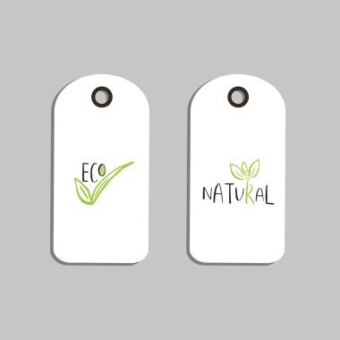 Vektör Eko rozetleri veya Etiketler, bio yeşil logo kümesi. Vegan Cafe, Restoran, ambalaj ürünleri için imzalar. Elle çizilmiş yapraklar, dallar, yazı ile bitki elemanları. Organik tasarım şablonları