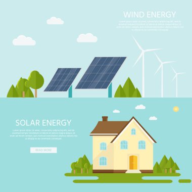 Modern sera güneş panelleri ve rüzgar türbini. Çevre dostu alternatif enerji. Ekosistem infographics. Düz vektör çizim.