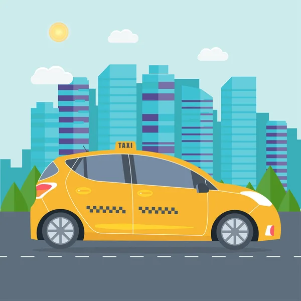 Affisch Med Gul Cab Maskin City Offentlig Taxi Servicekoncept Stadsbilden — Stock vektor
