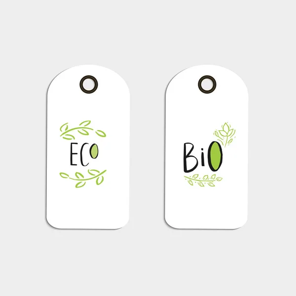 Set Vector Eco Badges Tags Bio Green Logos Vegan Signs — Stock Vector