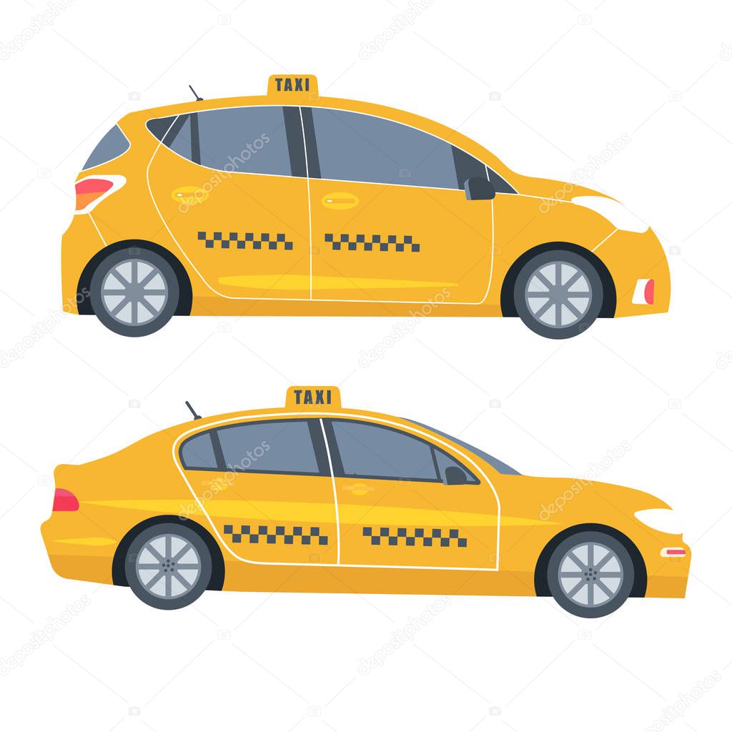 Icon with machine yellow cab. Public taxi service concept. Flat vector illustration.