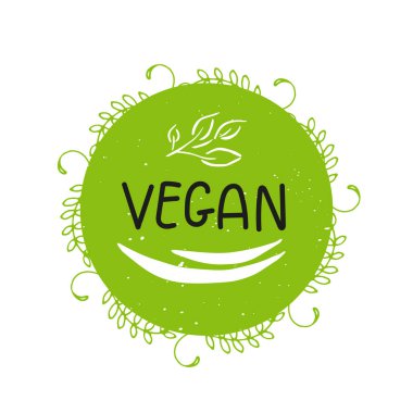 Vektör Eko, bio yeşil logo veya işareti. Vegan sağlıklı gıda rozet, kafeterya, restoranlar, ambalaj ürünleri için etiket. Elle çizilmiş yapraklar, dallar, yazı ile bitki elemanları. Organik tasarım şablonu