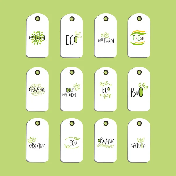 Conjunto Emblemas Vector Eco Etiquetas Logotipos Bio Verdes Sinais Vegan —  Vetores de Stock
