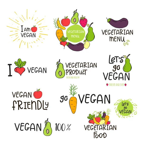 Conjunto Vectorial Insignias Etiquetas Logotipo Bio Verde Signos Veganos Para — Archivo Imágenes Vectoriales