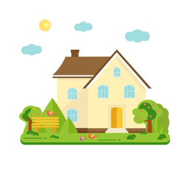 Soyut bahar arka plan ile rahat ev, ev, yazlık, ağaçlar, çiçekler, tezgah. Modern Bina Kiralık veya Satılık. Düz tasarım kentsel peyzaj.