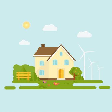 Soyut bahar arka plan ile rahat ev, ev, yazlık, ağaçlar, çiçekler, tezgah. Modern Bina Kiralık veya Satılık. Düz tasarım kentsel peyzaj.