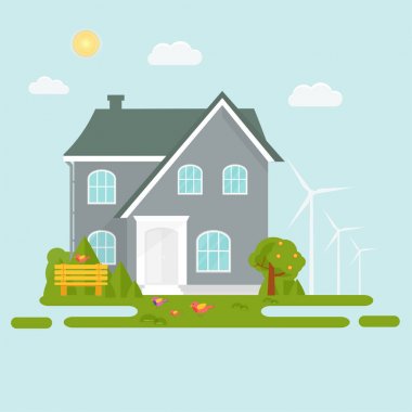 Soyut bahar arka plan ile rahat ev, ev, yazlık, ağaçlar, çiçekler, tezgah. Modern Bina Kiralık veya Satılık. Düz tasarım kentsel peyzaj.