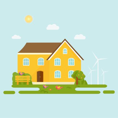 Soyut bahar arka plan ile rahat ev, ev, yazlık, ağaçlar, çiçekler, tezgah. Modern Bina Kiralık veya Satılık. Düz tasarım kentsel peyzaj.