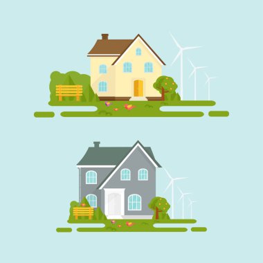 Soyut bahar arka plan ile rahat ev, ev, yazlık, ağaçlar, çiçekler, tezgah ile. Modern Bina Kiralık veya Satılık. Düz tasarım kentsel peyzaj.