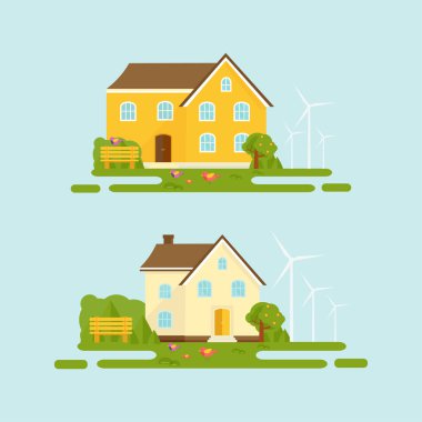 Soyut bahar arka plan ile rahat ev, ev, yazlık, ağaçlar, çiçekler, tezgah ile. Modern Bina Kiralık veya Satılık. Düz tasarım kentsel peyzaj.