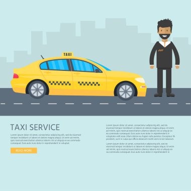 Makine sarı taksi sürücüsü ile. Genel taksi hizmet anlayışı. Düz vektör çizim.