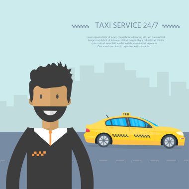 Makine sarı taksi sürücüsü ile. Genel taksi hizmet anlayışı. Düz vektör çizim.