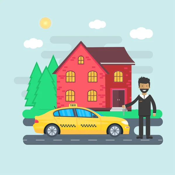 Cabina Amarilla Con Conductor Ciudad Concepto Servicio Taxi Público Ilustración — Vector de stock