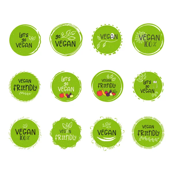 Vektör Eko, bio yeşil logo veya kayıt kümesi. Vegan sağlıklı gıda rozet, kafeterya, restoranlar, ambalaj ürünleri için etiket. Elle çizilmiş yapraklar, dallar, yazı ile bitki elemanları. Daire organik tasarım.