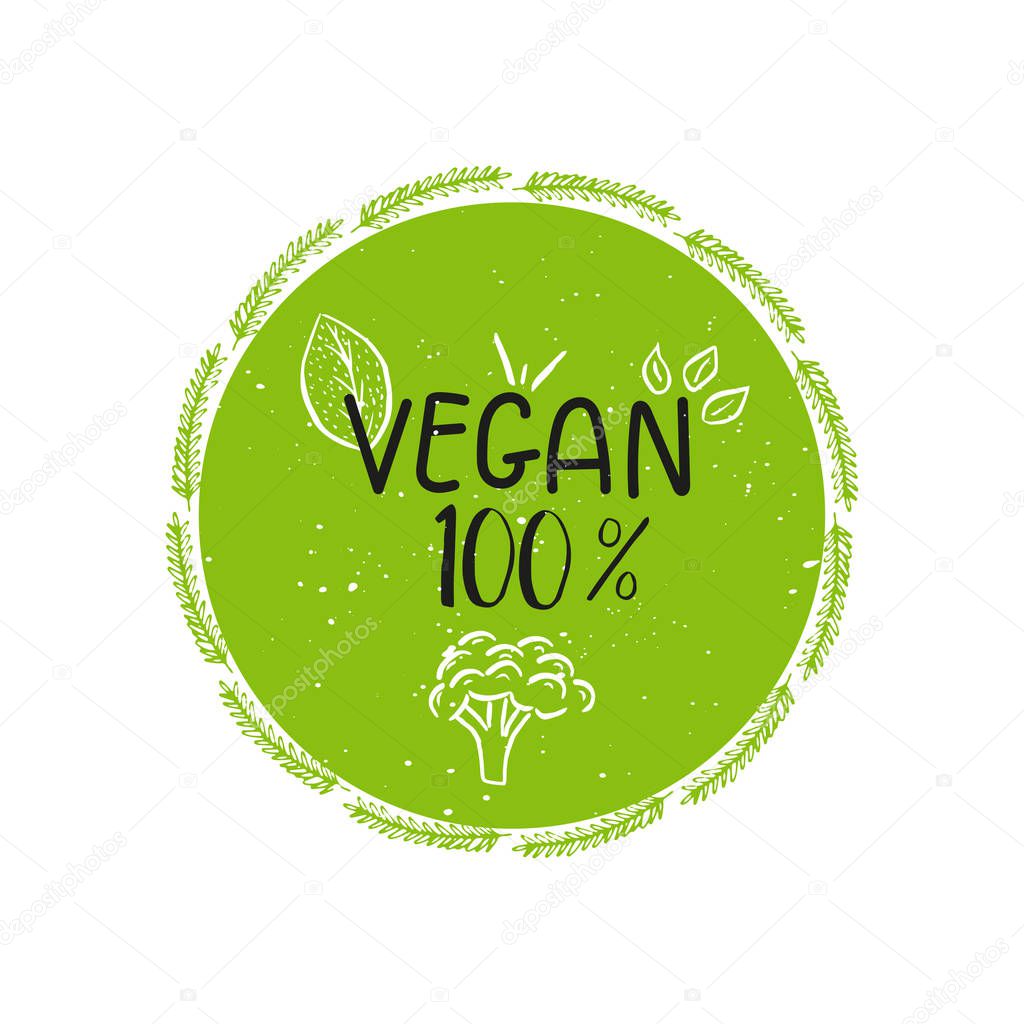 Vector eco, bio green logo or sign. Vegan  healthy food badge, tag for cafe, restaurants, products packaging. Hand drawn leaves, branches, plant elements with lettering. Organic design template.