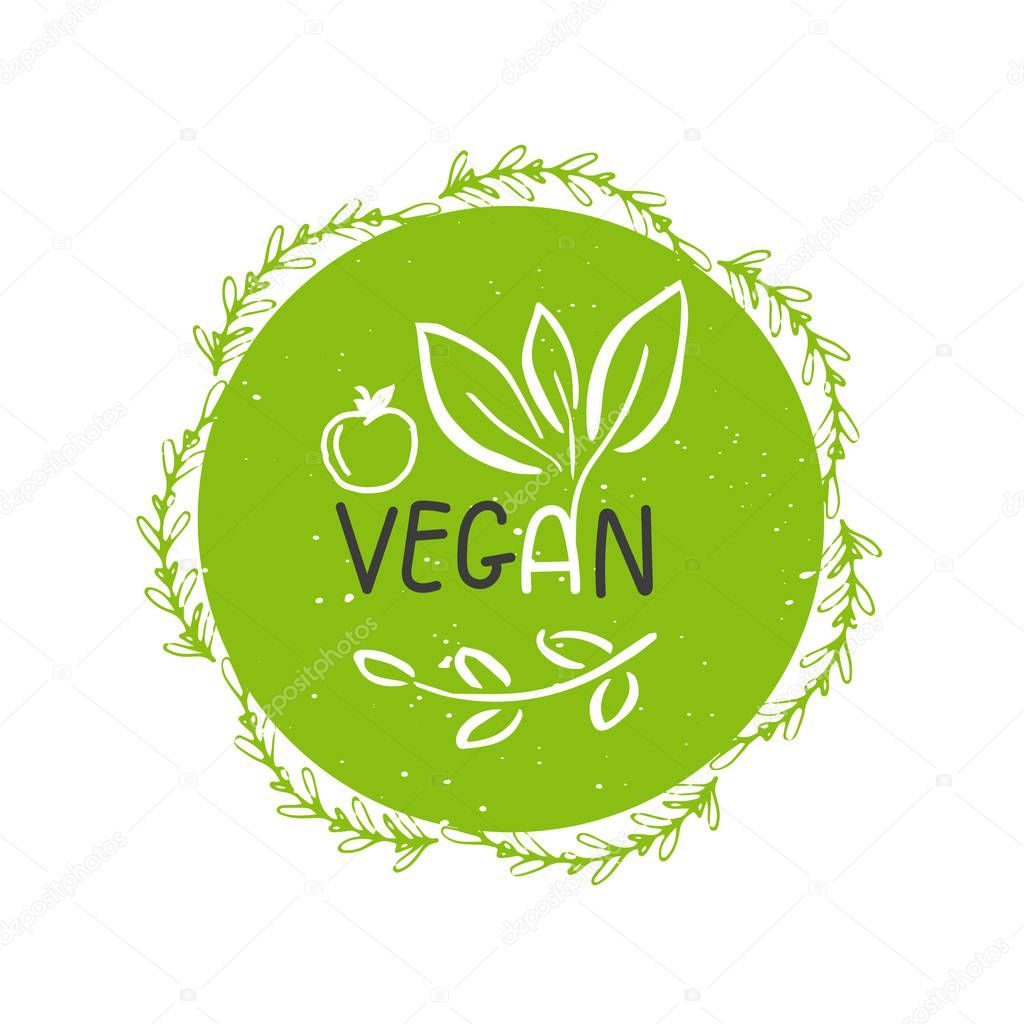 Vector eco, bio green logo or sign. Vegan  healthy food badge, tag for cafe, restaurants, products packaging. Hand drawn leaves, branches, plant elements with lettering. Organic design template.