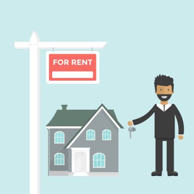 Afiş satış, ev, yazlık, Ajan tuşları ile reklam için. Ev satın alma teklifi. Gayrimenkul Kiralama. Vektör düz tasarımı, kentsel peyzaj.