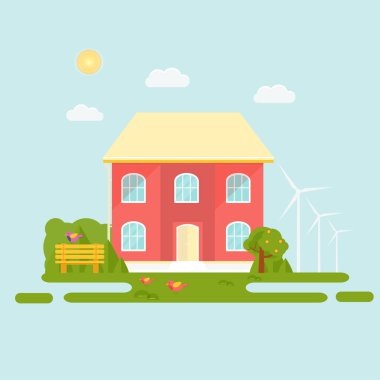 Soyut bahar arka plan ile rahat ev, ev, yazlık, ağaçlar, çiçekler, tezgah. Modern Bina Kiralık veya Satılık. Düz tasarım kentsel peyzaj.