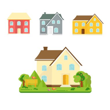 Soyut bahar arka plan ile rahat ev, ev, yazlık, ağaçlar, çiçekler, tezgah ile. Modern Bina Kiralık veya Satılık. Düz tasarım kentsel peyzaj.