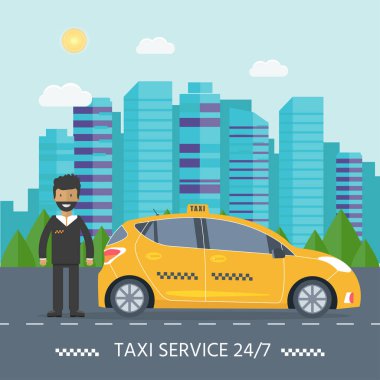 Makine sarı taksi sürücüsü şehir ile. Genel taksi hizmet anlayışı. Düz vektör çizim.