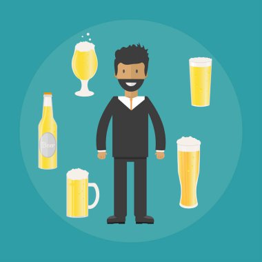 Adam bira şişesi, kupalar ve gözlük. Alkollü içecekler ile vektör simgesi. Buğday bira, bira, zanaat bira, bira.