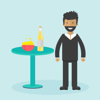 Adam bira şişesi, kupalar ve gözlük. Alkollü içecekler ile vektör simgesi. Buğday bira, bira, zanaat bira, bira.