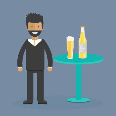 Adam bira şişesi, kupalar ve gözlük. Alkollü içecekler ile vektör simgesi. Buğday bira, bira, zanaat bira, bira.