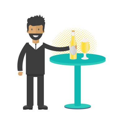 Adam bira şişesi, kupalar ve gözlük. Alkollü içecekler ile vektör simgesi. Buğday bira, bira, zanaat bira, bira.