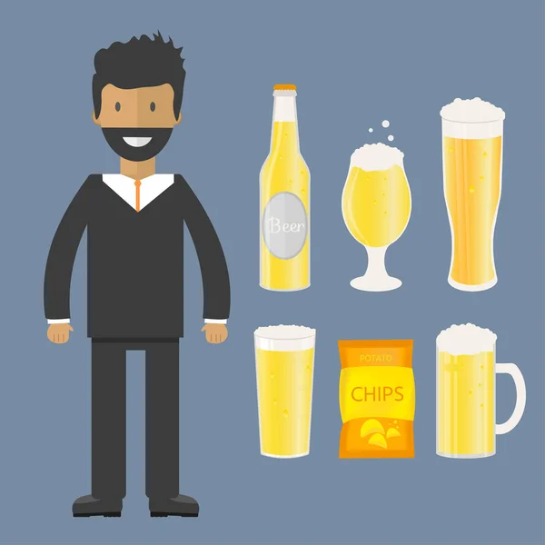 Man Beer Bottle Mugs Glasses Vector Icon Alcoholic Beverages Wheat — Stock Vector