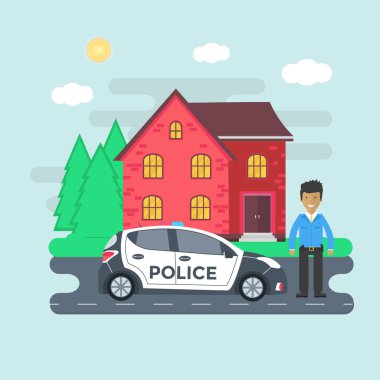 Polis üniforma, araca çatı ışıkları yanıp sönen.
