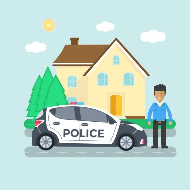 Polis üniforma, araca çatı ışıkları yanıp sönen.