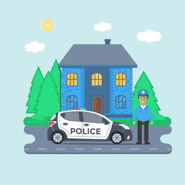 Polis üniforma, araca çatı ışıkları yanıp sönen.