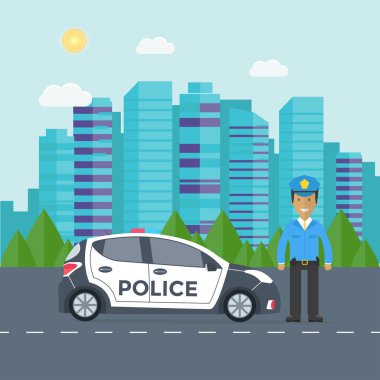 Polis devriye polis arabası, memur ve şehir ile yolda.