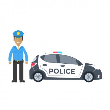 Beyaz arka plan üzerinde izole subay ve polis araba yan görünüm