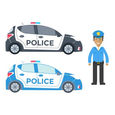 Polis arabaları ve beyaz arka plan üzerinde izole polis yan görünüm