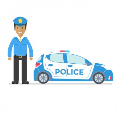 Beyaz arka plan üzerinde izole subay ve polis araba yan görünüm