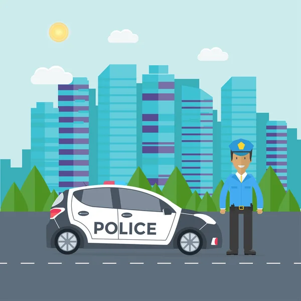 Pattuglia Polizia Strada Con Auto Della Polizia Ufficiale Città — Vettoriale Stock