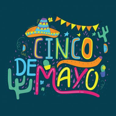 Başlık sayfası veya kart Cinco de Mayo kutlaması için. Tatil poster el ile hat yazı, fötr şapka, kaktüs, biber, tekila ve marakas çizilmiş. Vektör Meksika fiesta.