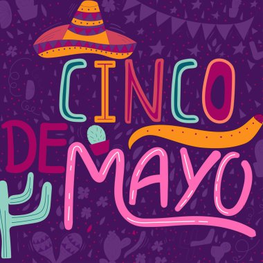 Başlık sayfası veya kart Cinco de Mayo kutlaması için. Tatil poster el ile hat yazı, fötr şapka, kaktüs, biber, tekila ve marakas çizilmiş. Vektör Meksika fiesta.